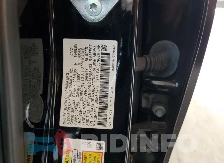 2HGFE2F50NH516275 Photo# 12