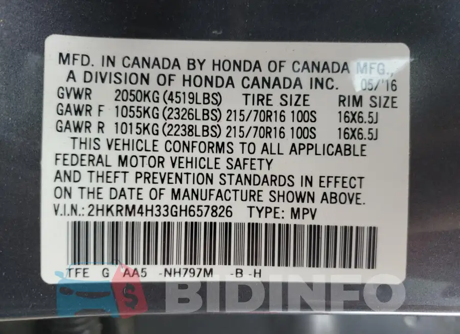2HKRM4H33GH657826 Photo# 13