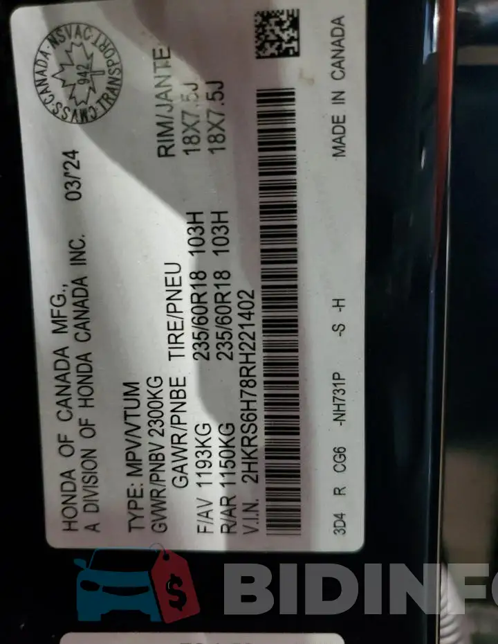 2HKRS6H78RH221402 Photo# 12
