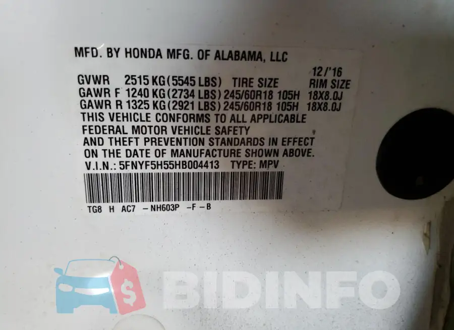 5FNYF5H55HB004413 Photo# 13