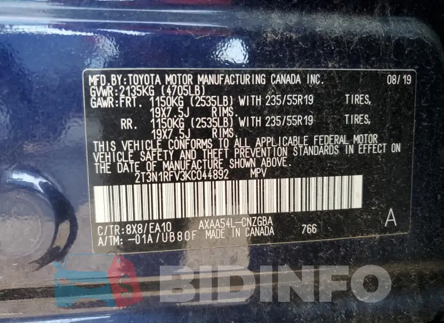 2T3N1RFV3KC044892 Photo# 14