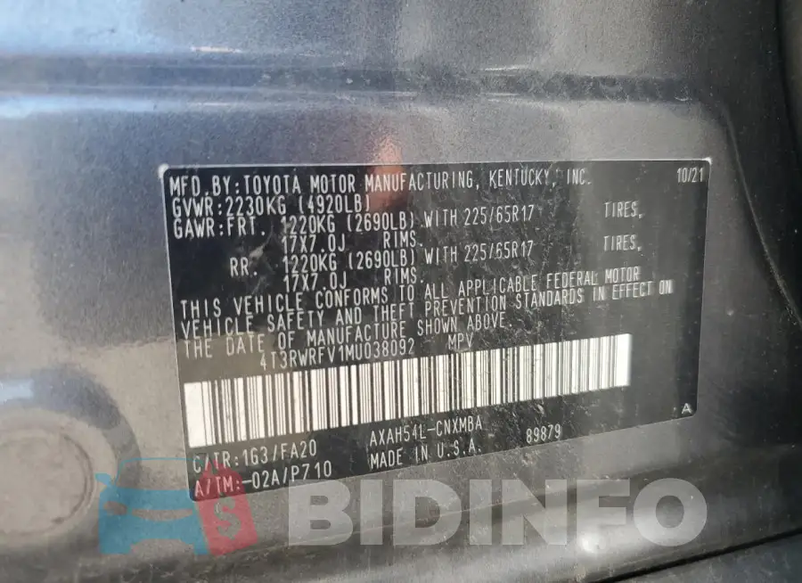 4T3RWRFV1MU038092 Photo# 13