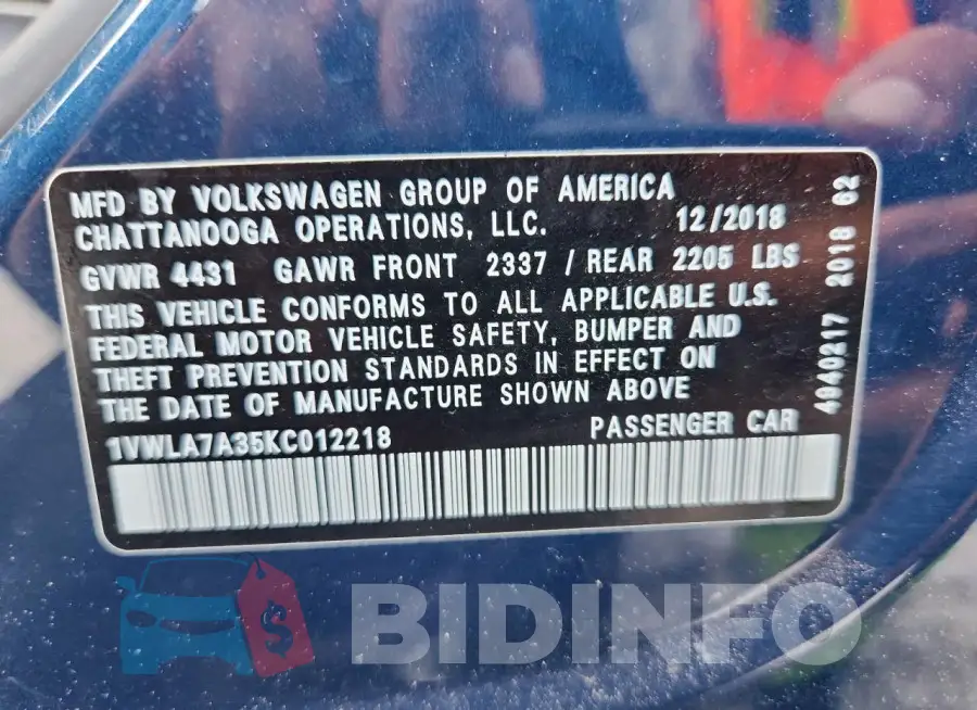 1VWLA7A35KC012218 Photo# 12