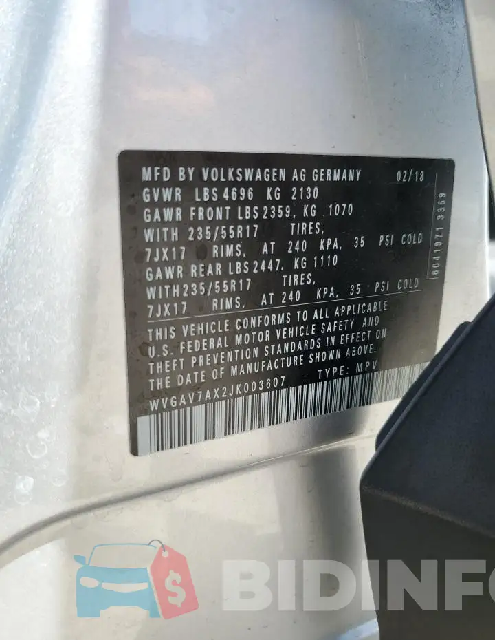 WVGAV7AX2JK003607 Photo# 13