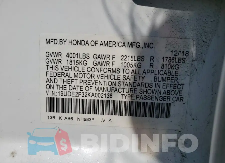 19UDE2F32KA002136 Photo# 12
