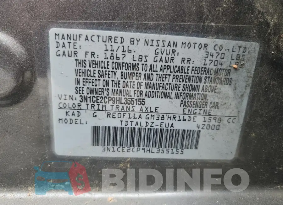 3N1CE2CP9HL355155 Photo# 12