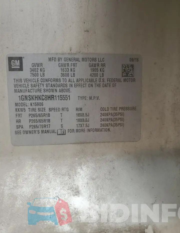 1GNSKHKC8HR115551 Photo# 14