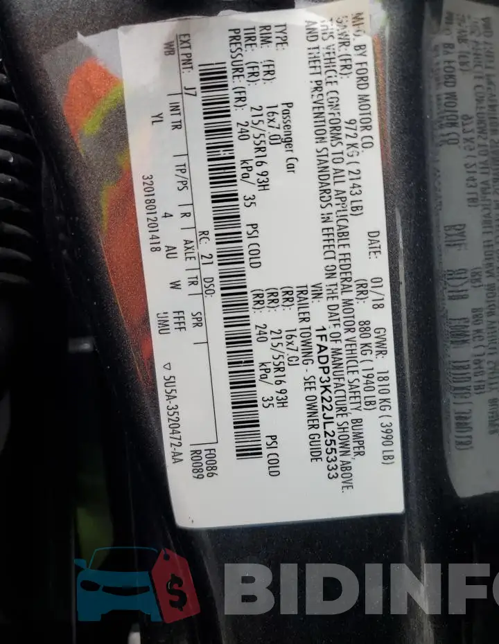 1FADP3K22JL255333 Photo# 14