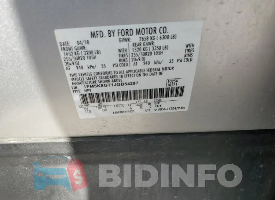 1FM5K8GT1JGB54297 Photo# 14