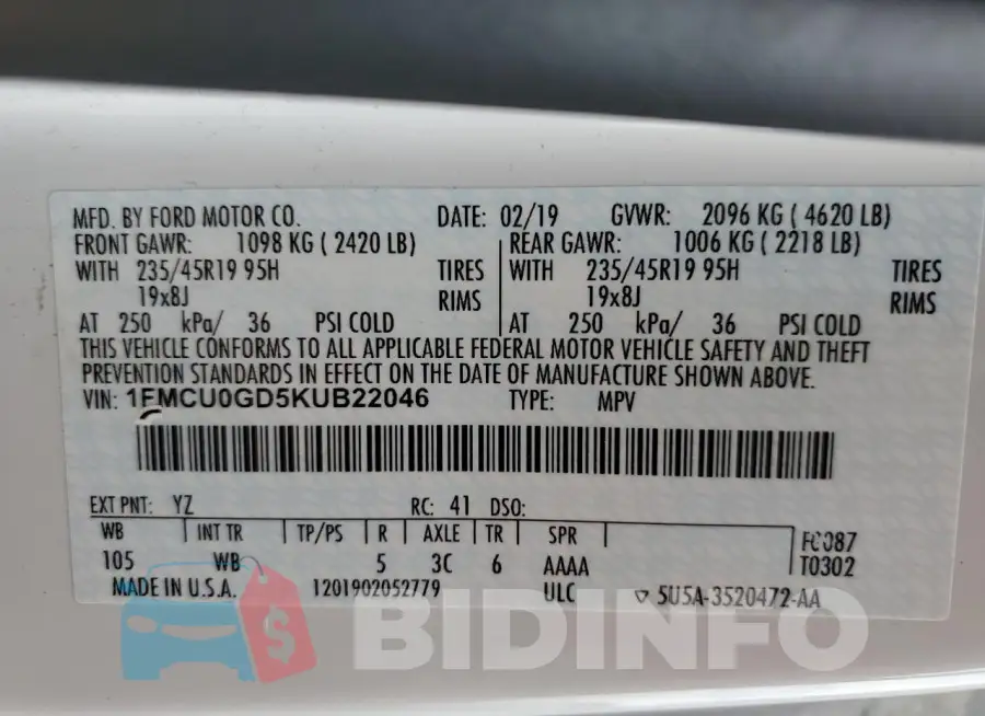 1FMCU0GD5KUB22046 Photo# 12