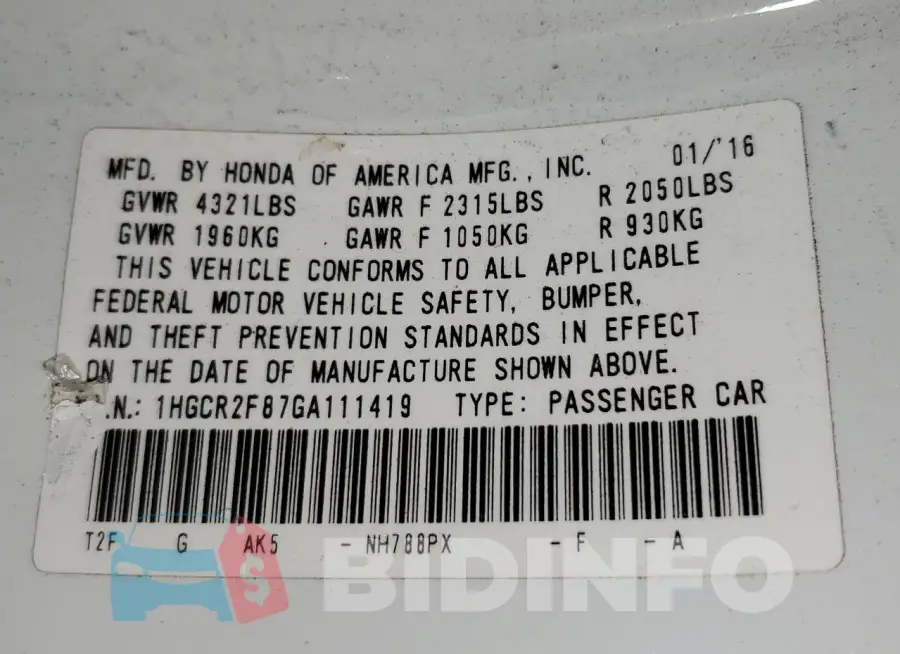 1HGCR2F87GA111419 Photo# 13