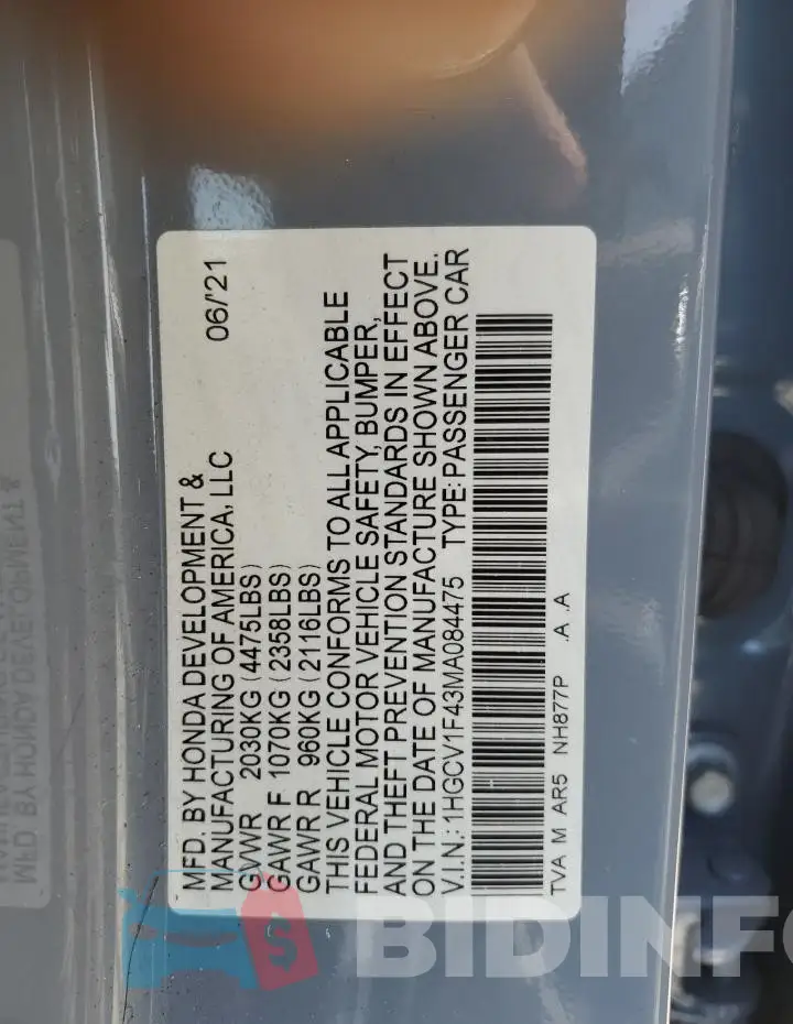 1HGCV1F43MA084475 Photo# 12