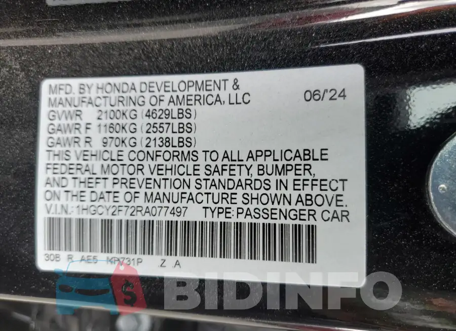 1HGCY2F72RA077497 Photo# 12