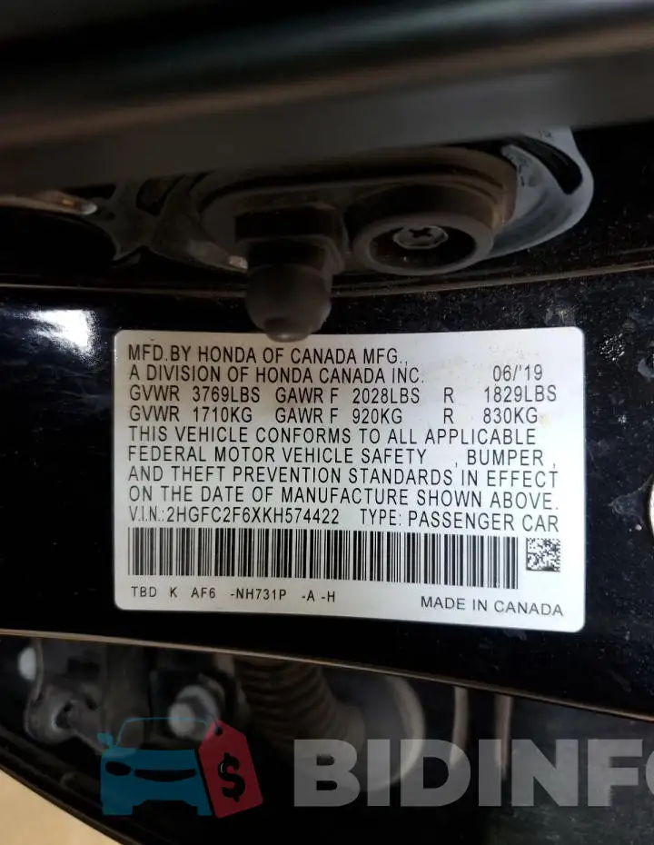 2HGFC2F6XKH574422 Photo# 12