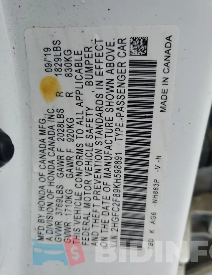 2HGFC2F89KH598891 Photo# 12