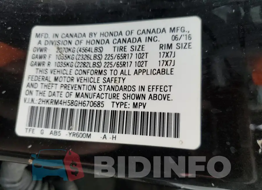 2HKRM4H58GH670685 Photo# 13