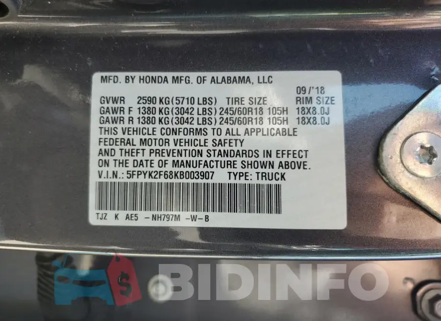 5FPYK2F68KB003907 Photo# 12