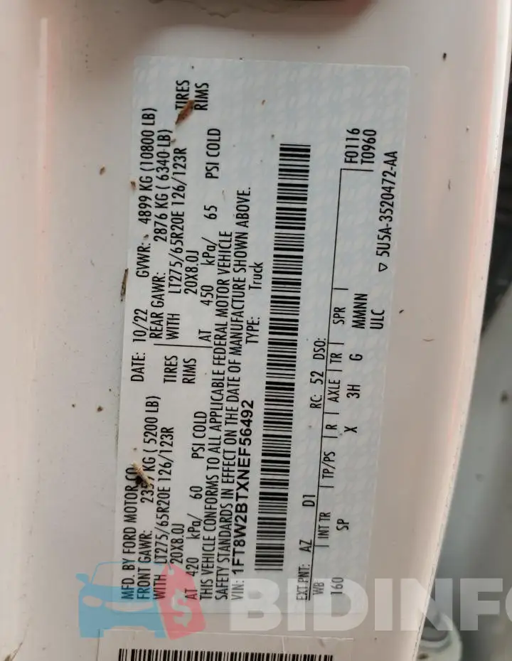 1FT8W2BTXNEF56492 Photo# 13
