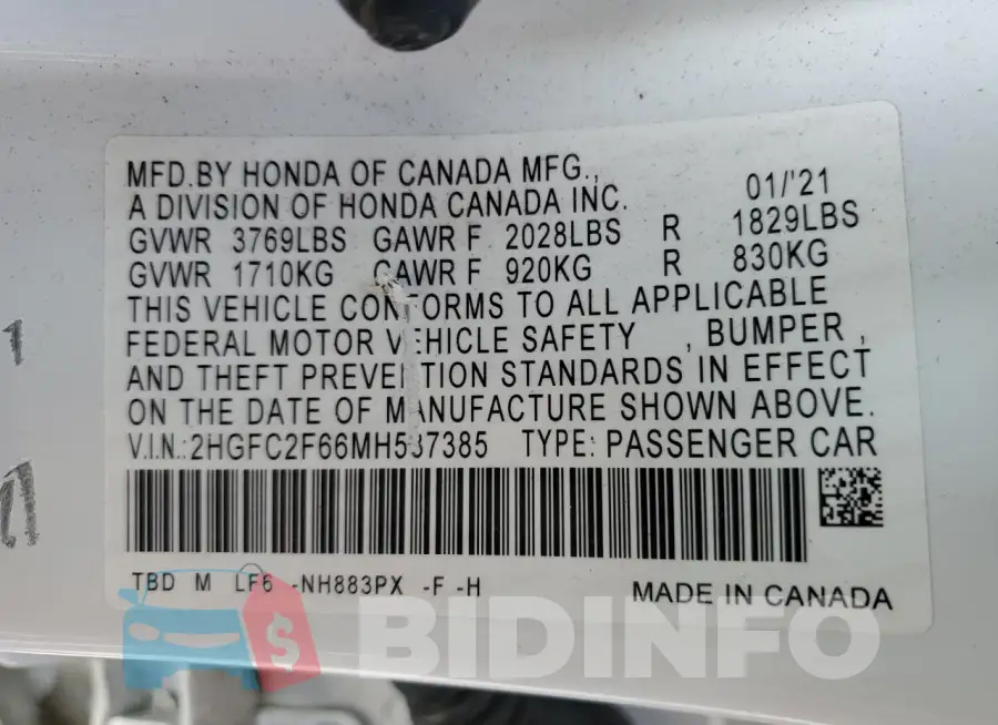 2HGFC2F66MH537385 Photo# 12