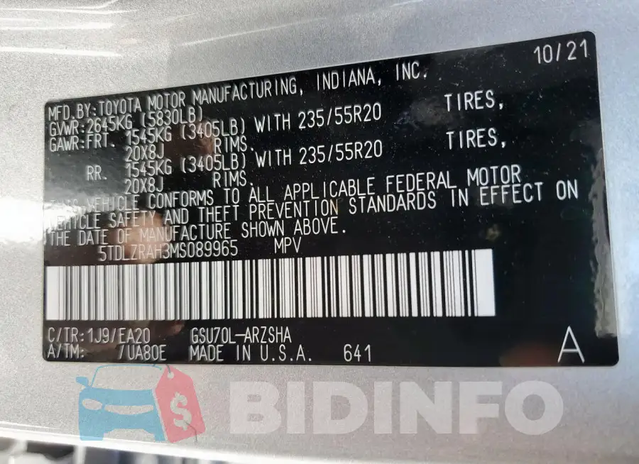 5TDLZRAH3MS089965 Photo# 13