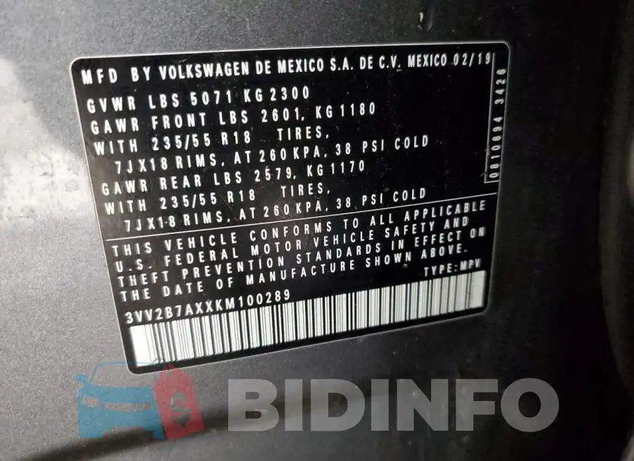 3VV2B7AXXKM100289 Photo# 13