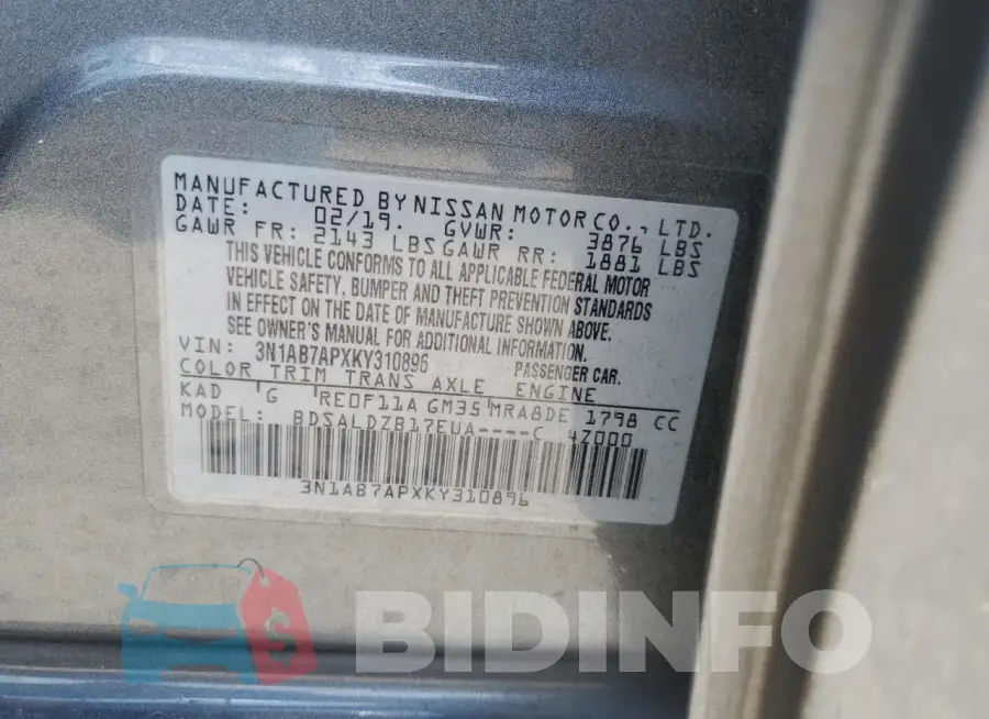 3N1AB7APXKY310896 Photo# 12