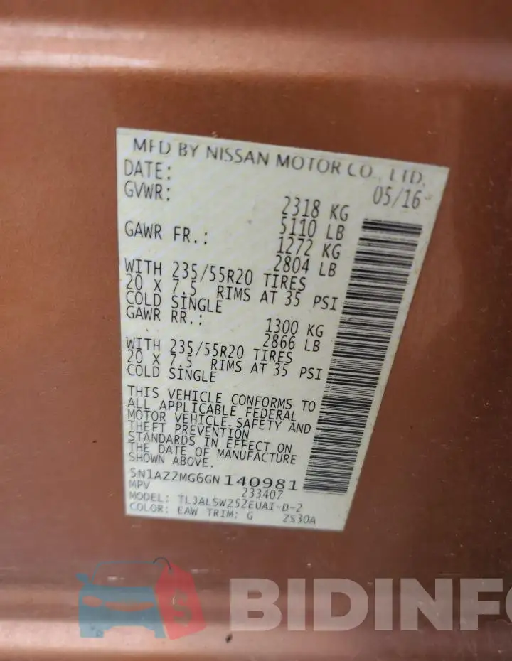 5N1AZ2MG6GN140981 Photo# 13