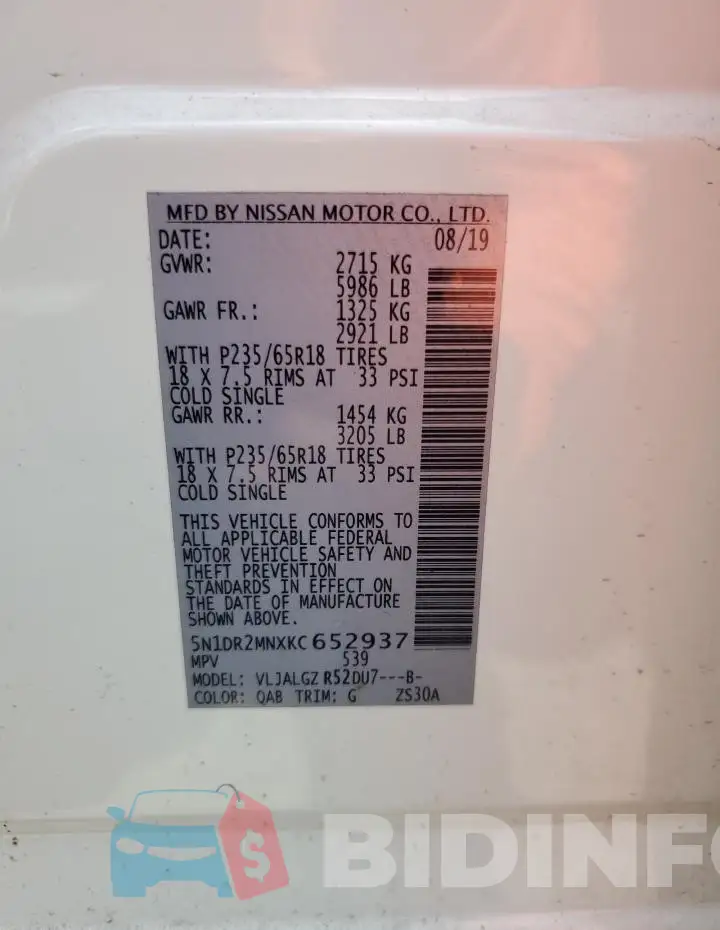 5N1DR2MNXKC652937 Photo# 13