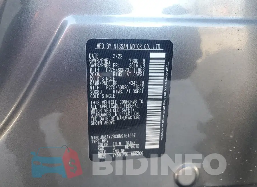 JN8AY2BC8N9161557 Photo# 13