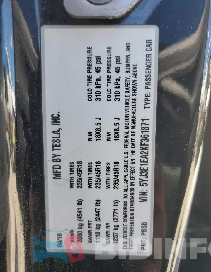 5YJ3E1EA2KF361871 Photo# 12