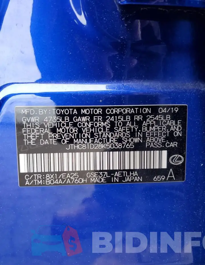 JTHC81D28K5038765 Photo# 13