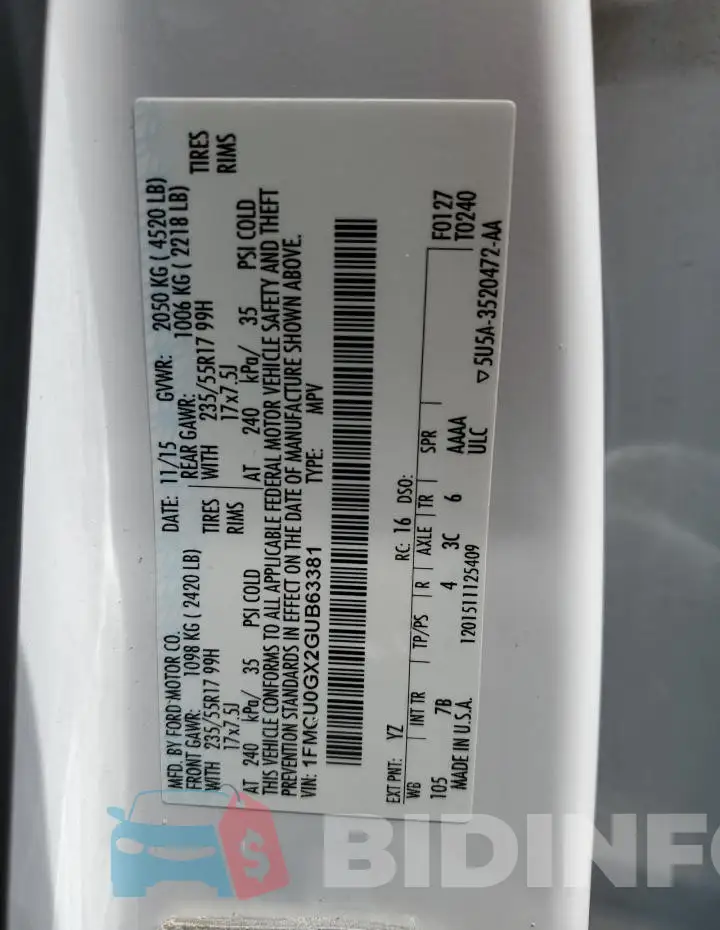 1FMCU0GX2GUB63381 Photo# 12