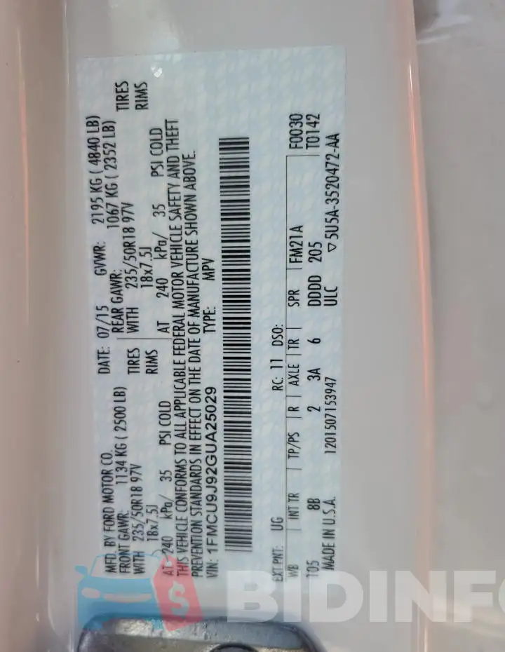 1FMCU9J92GUA25029 Photo# 13