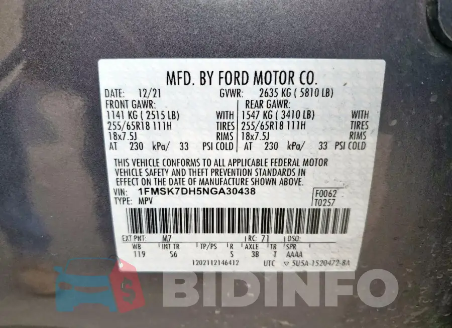 1FMSK7DH5NGA30438 Photo# 13