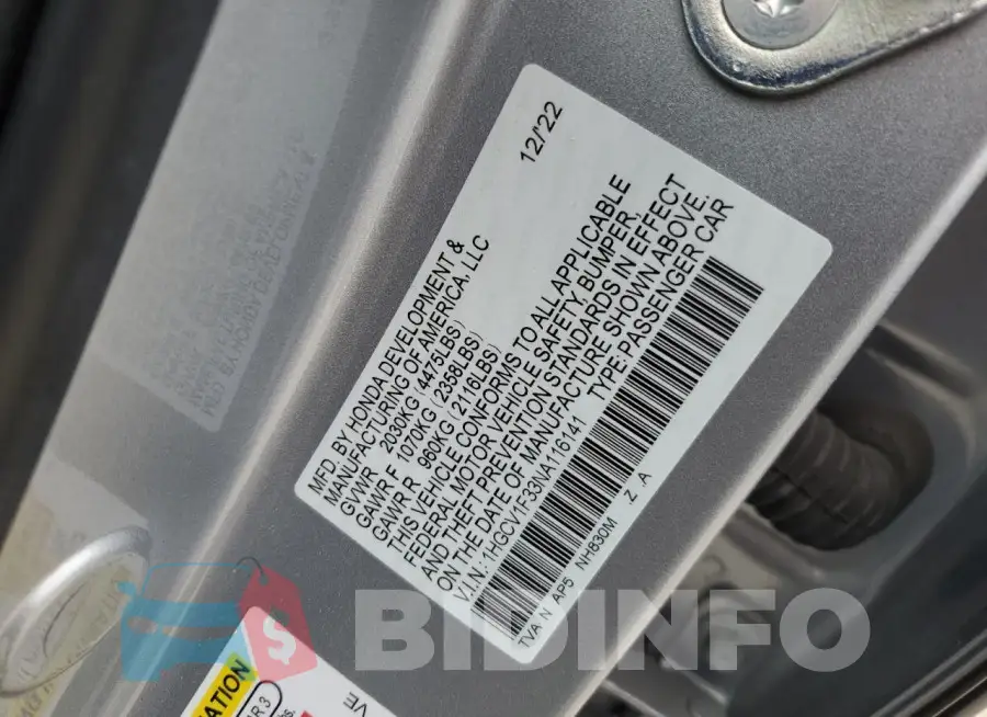 1HGCV1F33NA116141 Photo# 12