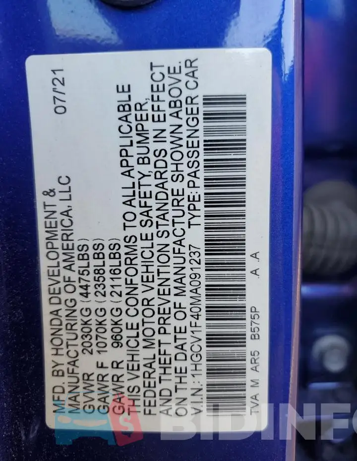 1HGCV1F40MA091237 Photo# 12