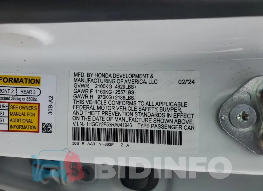1HGCY2F53RA041946 Photo# 12