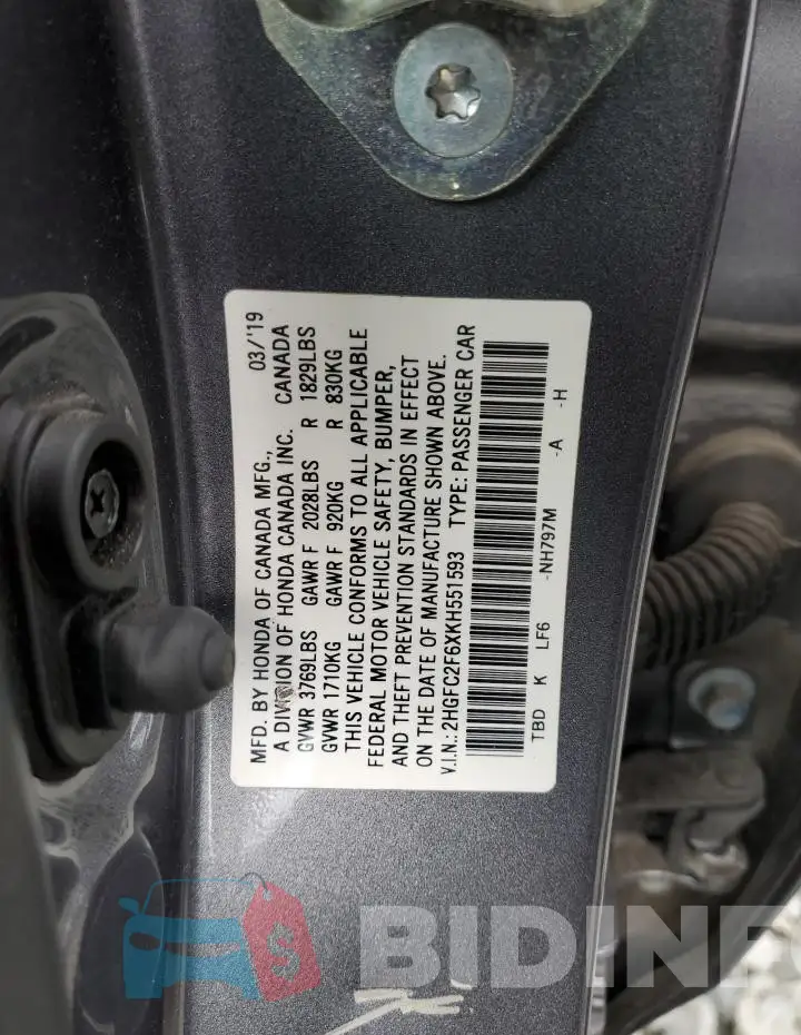 2HGFC2F6XKH551593 Photo# 13