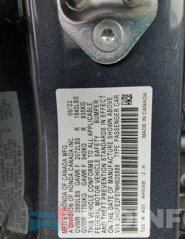 2HGFE2F57NH605888 Photo# 12