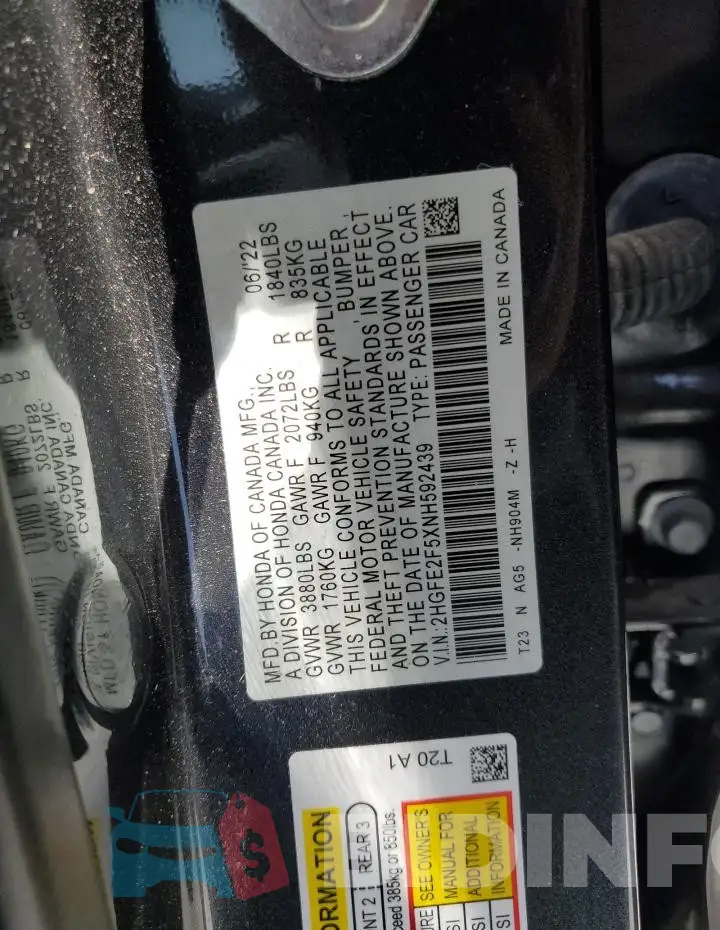 2HGFE2F5XNH592439 Photo# 12