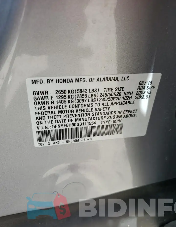 5FNYF6H90GB111554 Photo# 14