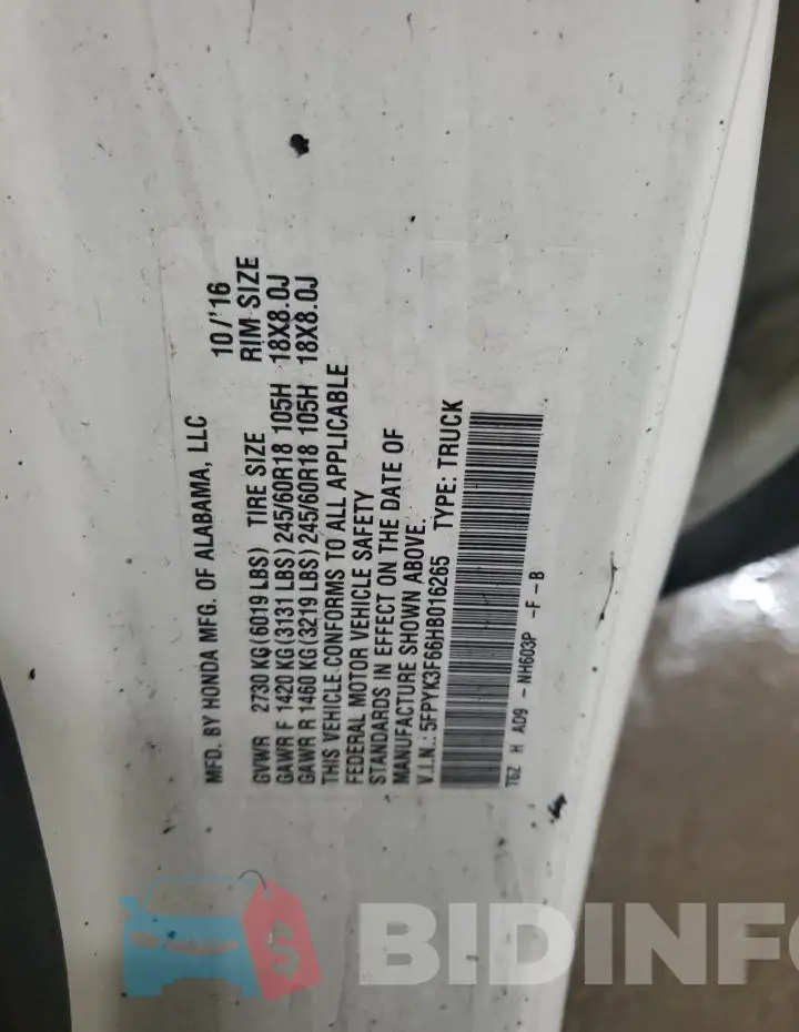 5FPYK3F66HB016265 Photo# 12