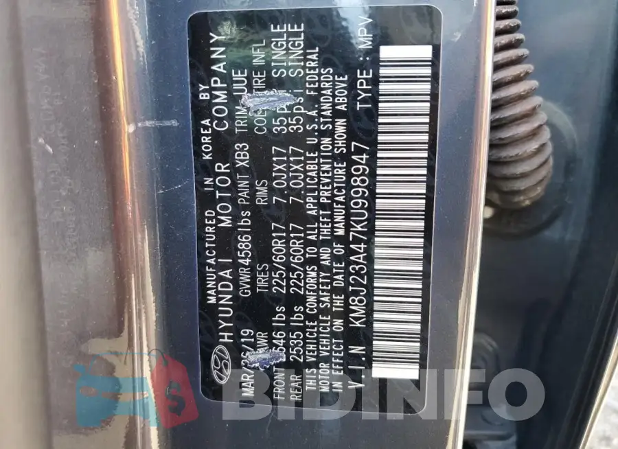 KM8J23A47KU998947 Photo# 13