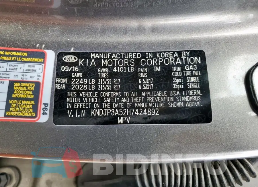 KNDJP3A52H7424892 Photo# 13