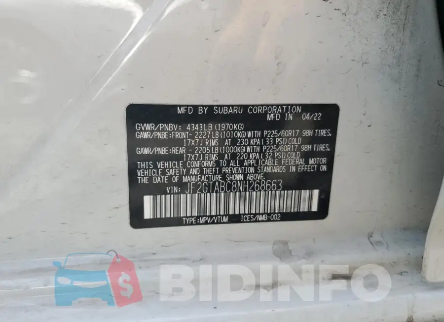 JF2GTABC8NH268663 Photo# 12