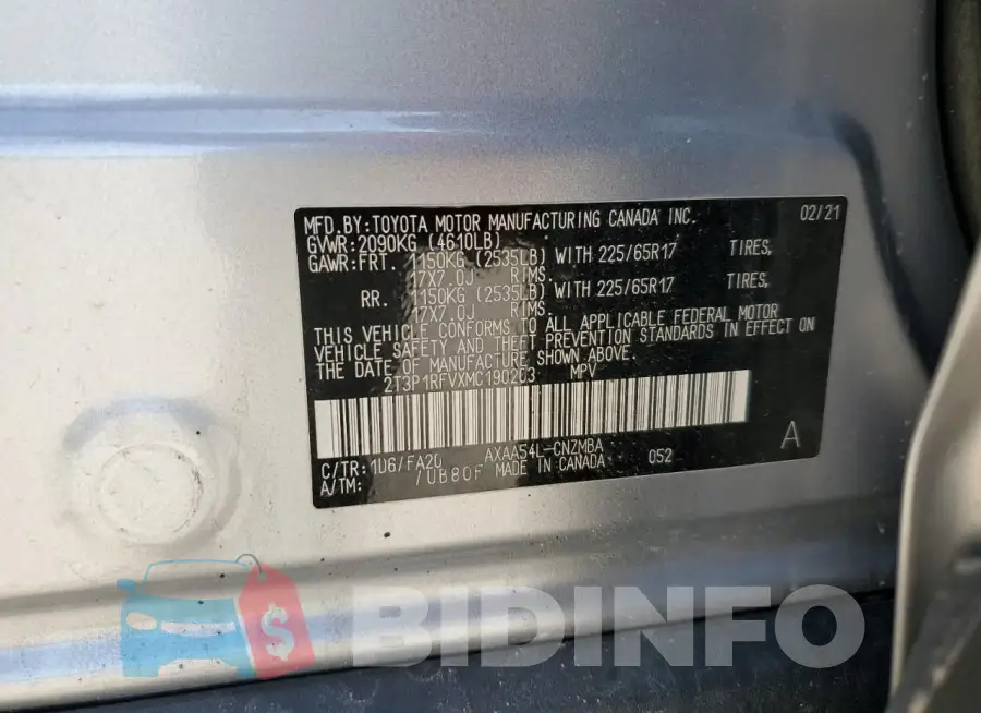 2T3P1RFVXMC190203 Photo# 13