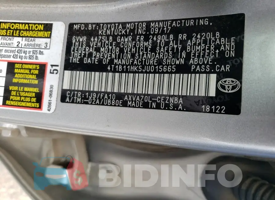 4T1B11HK5JU015665 Photo# 12