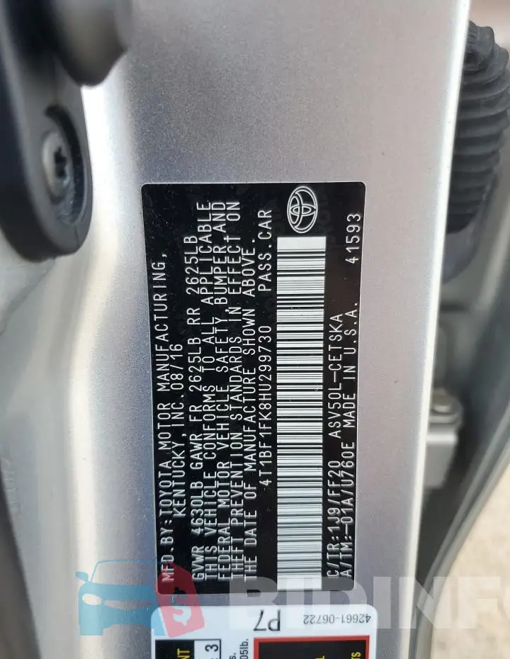 4T1BF1FK8HU299730 Photo# 12