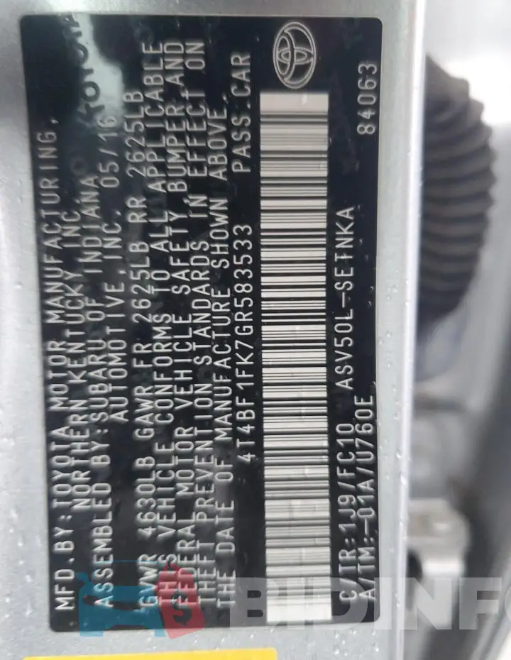 4T4BF1FK7GR583533 Photo# 12