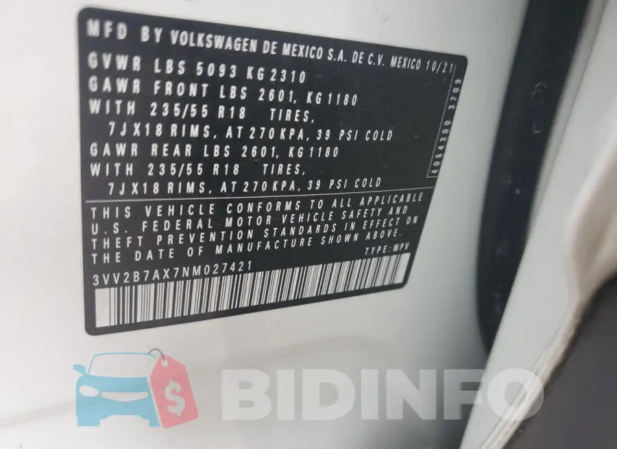 3VV2B7AX7NM027421 Photo# 13